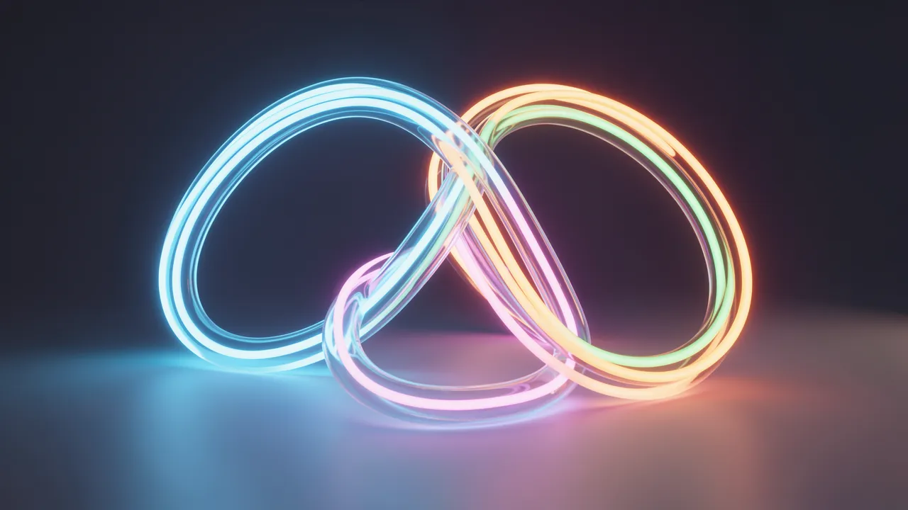 Interlocking glowing multicolored neon tube loops rest on a reflective dark smooth surface