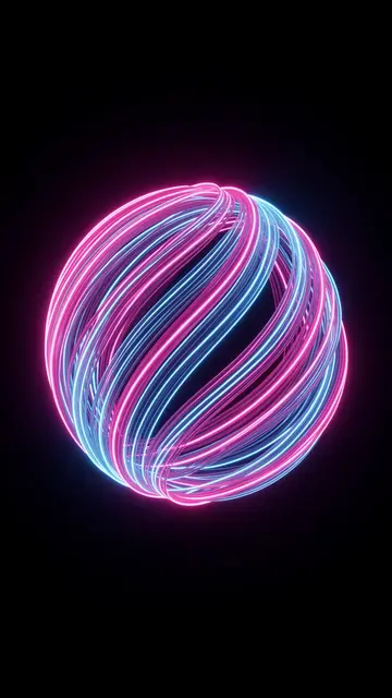 A 3D rendered sphere of intertwined pink and blue glowing light ribbons floats against a solid black void background