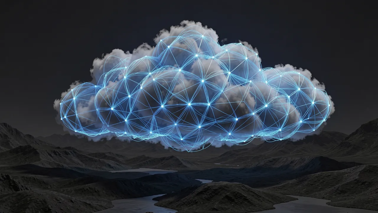 A fluffy cloud wrapped in a glowing blue digital network hovers above a dark mountainous night landscape