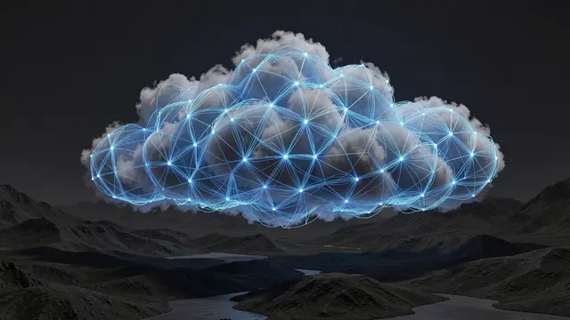 A fluffy cloud wrapped in a glowing blue digital network hovers above a dark mountainous night landscape