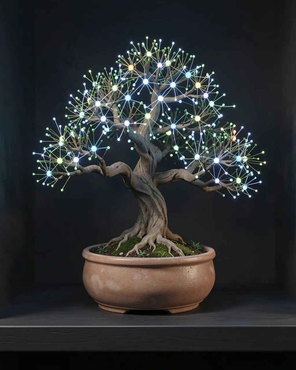 A stylized bonsai tree with glowing interconnected neural nodes sits in a ceramic pot on a dark shelf.