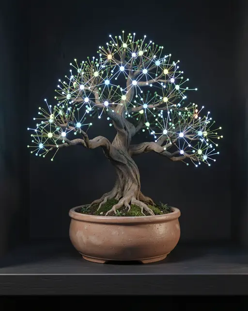 A stylized bonsai tree with glowing interconnected neural nodes sits in a ceramic pot on a dark shelf.