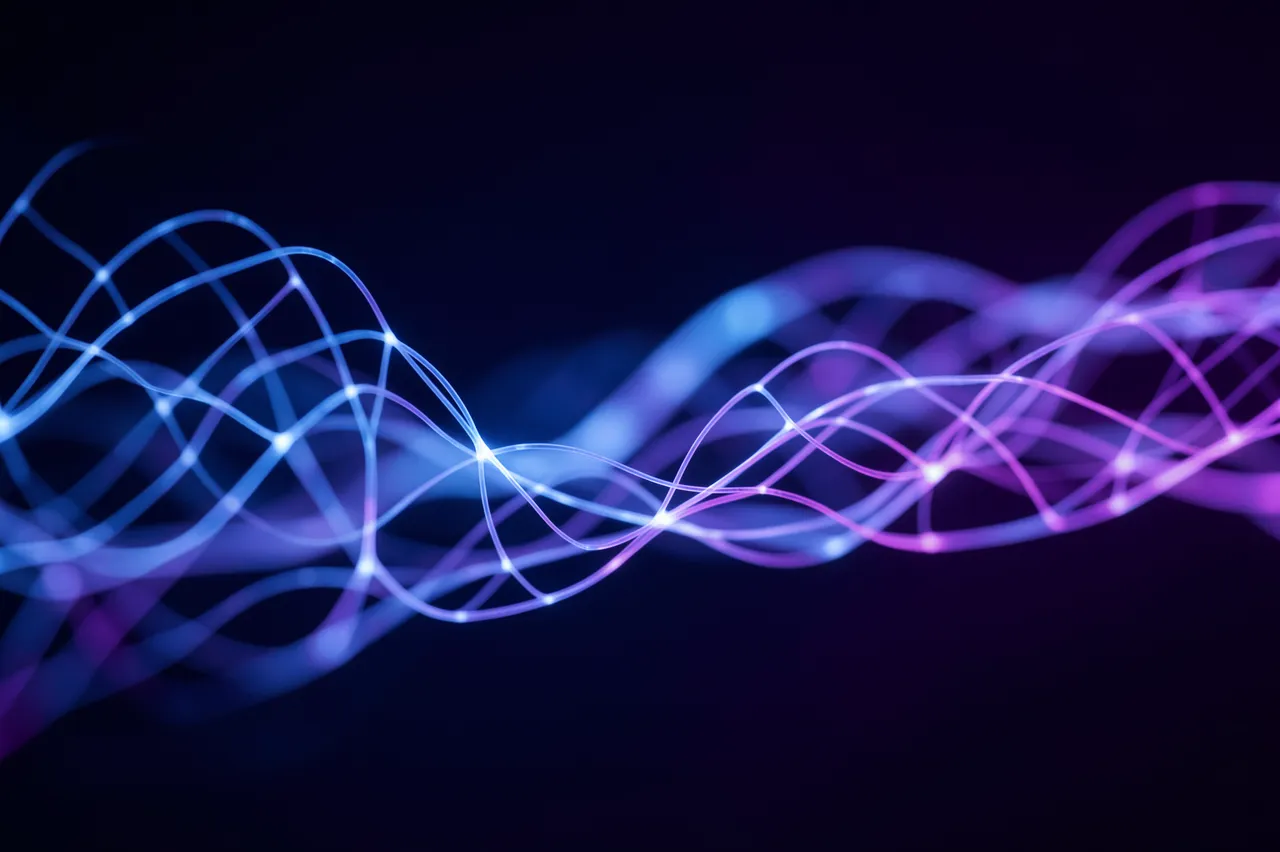 Weaving blue and violet glowing light lines form an abstract neural network against a dark background