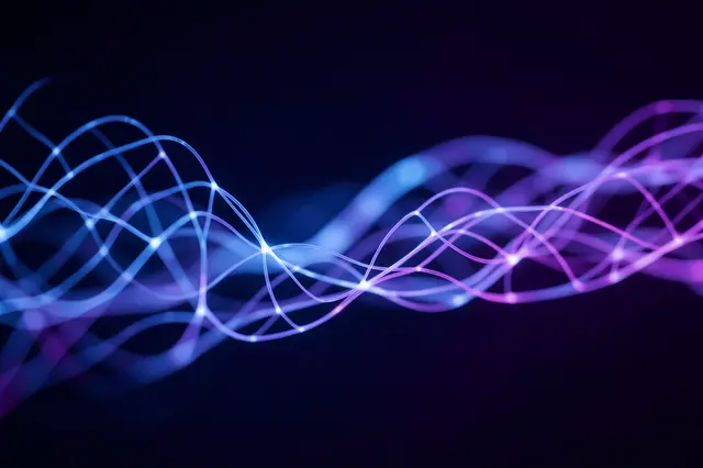 Weaving blue and violet glowing light lines form an abstract neural network against a dark background