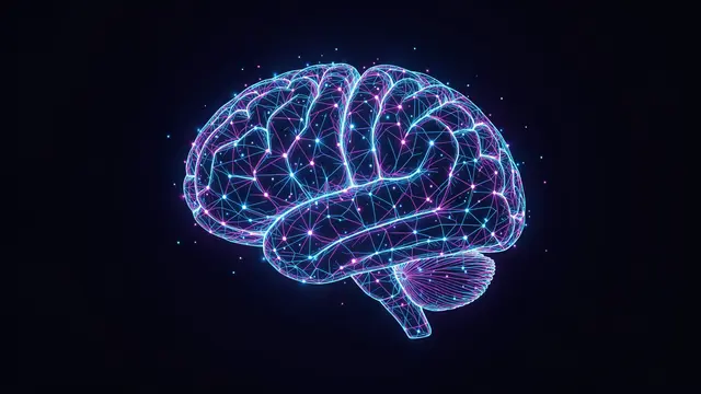 A wireframe human brain made of glowing blue and purple neural lines floats against a dark background