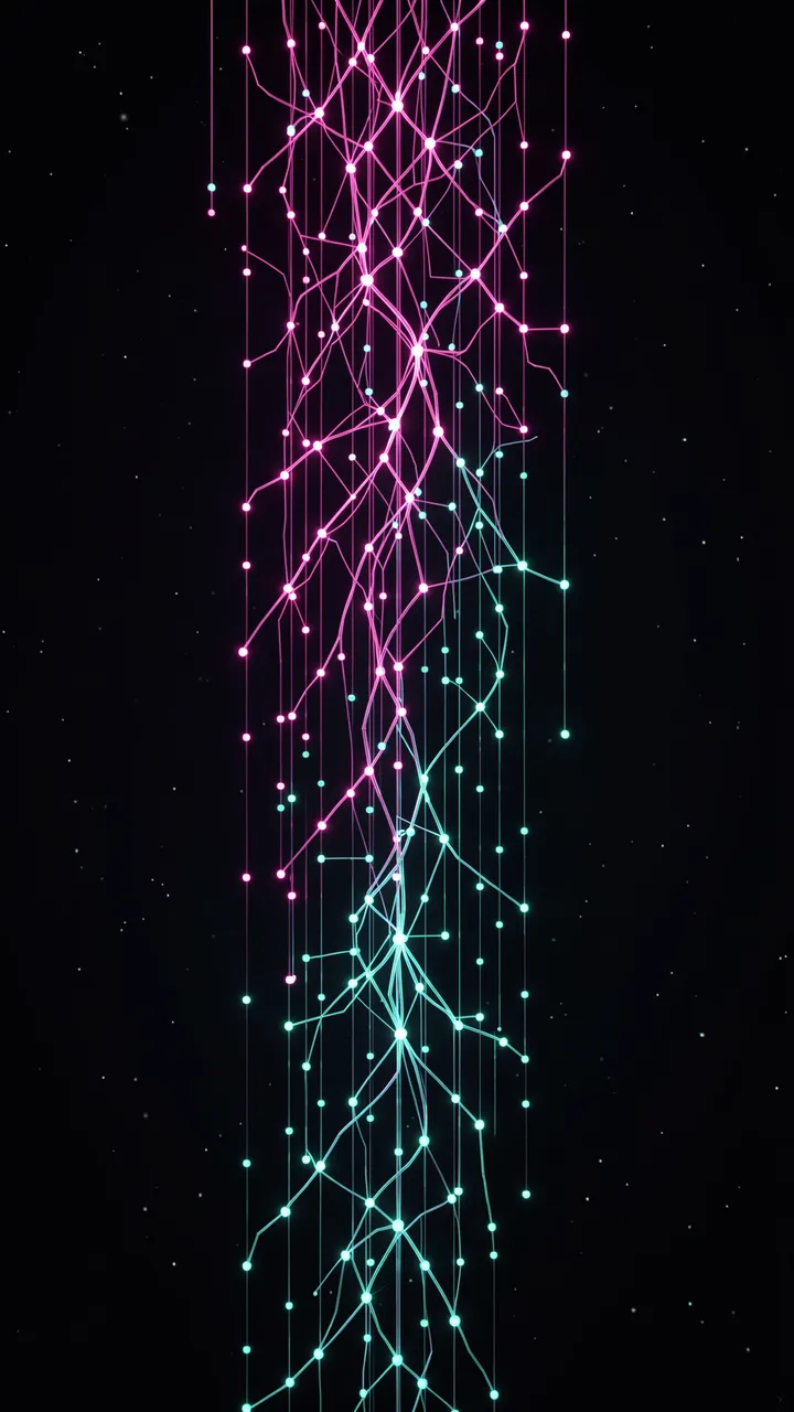 A vertical cascading 3D neural network of glowing magenta and cyan nodes against dark starry space.