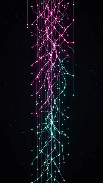 A vertical cascading 3D neural network of glowing magenta and cyan nodes against dark starry space.