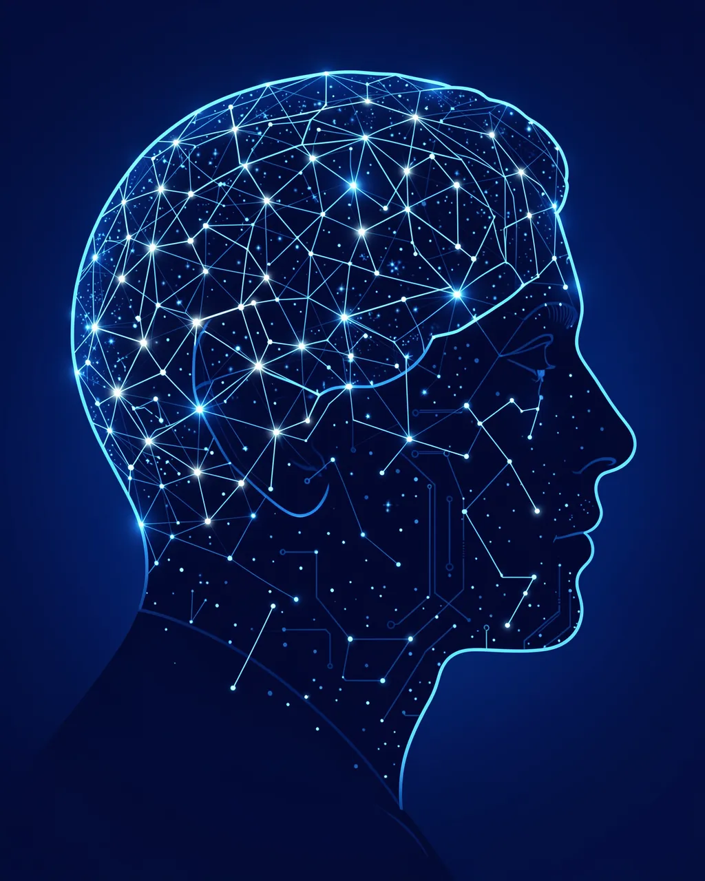 Profile silhouette of an adult human head filled with a glowing starry network set against a deep blue background