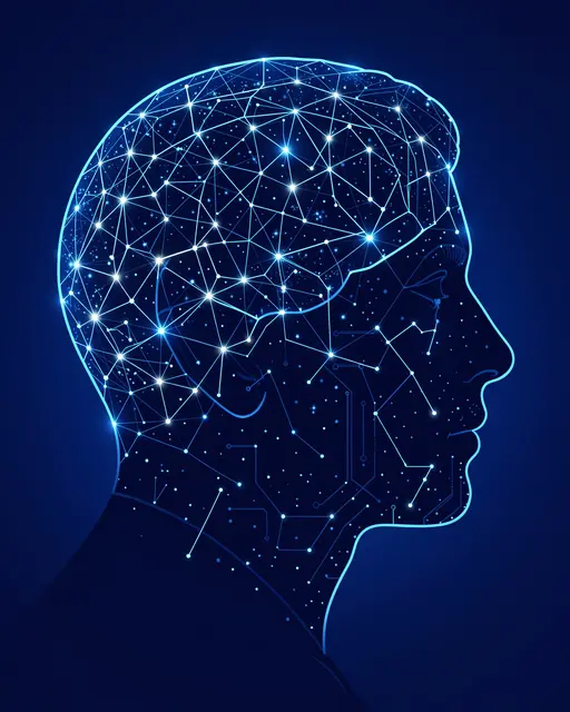 Profile silhouette of an adult human head filled with a glowing starry network set against a deep blue background