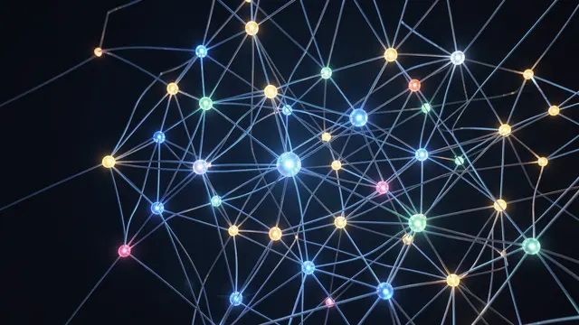 Interconnected glowing multicolored nodes form an abstract neural network against a dark background