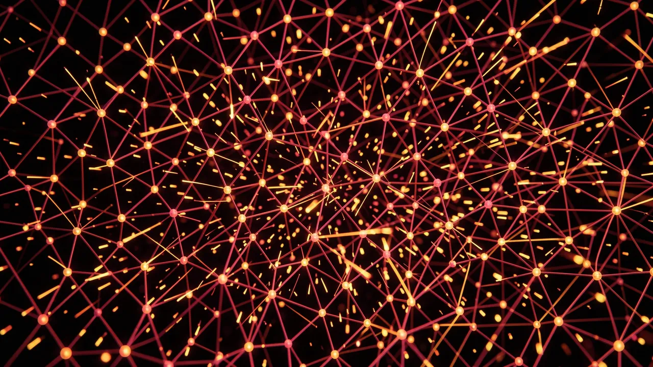 Crimson and gold glowing sparks flicker across a dense interconnected web of luminous nodes