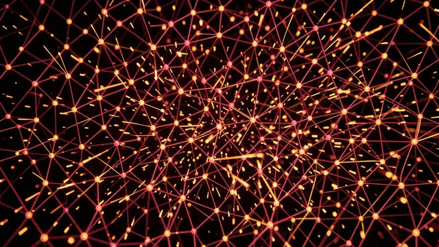 Crimson and gold glowing sparks flicker across a dense interconnected web of luminous nodes