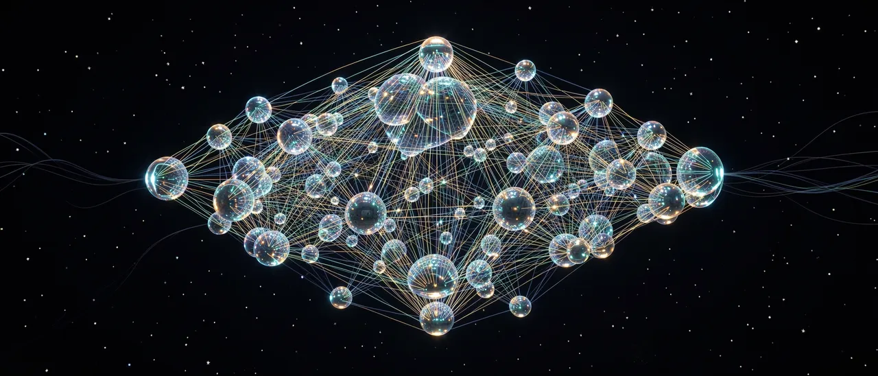 3D rendered floating deep neural network of glowing spheres connected by fine light threads in dark starry space