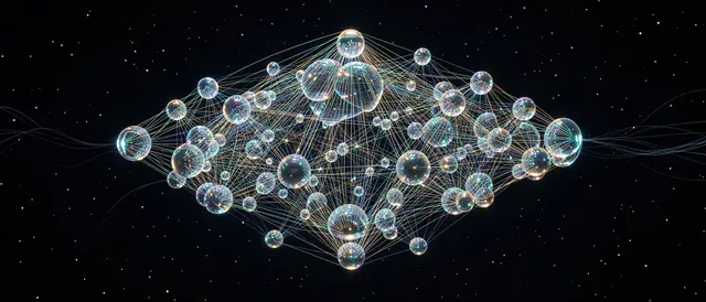 3D rendered floating deep neural network of glowing spheres connected by fine light threads in dark starry space