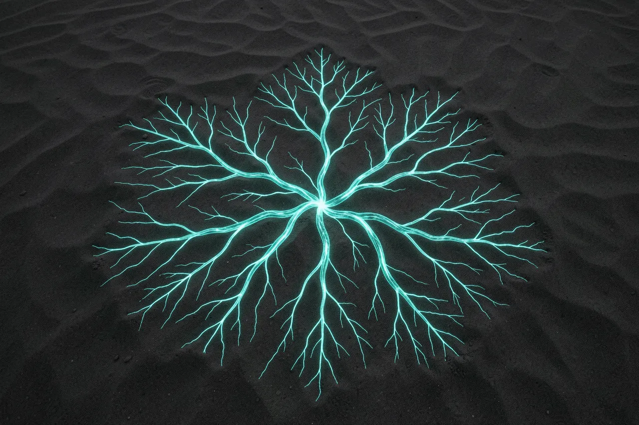 Radial branching glowing teal neural network pattern rests on rippled dark sand seen from above