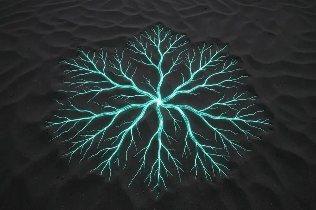 Radial branching glowing teal neural network pattern rests on rippled dark sand seen from above