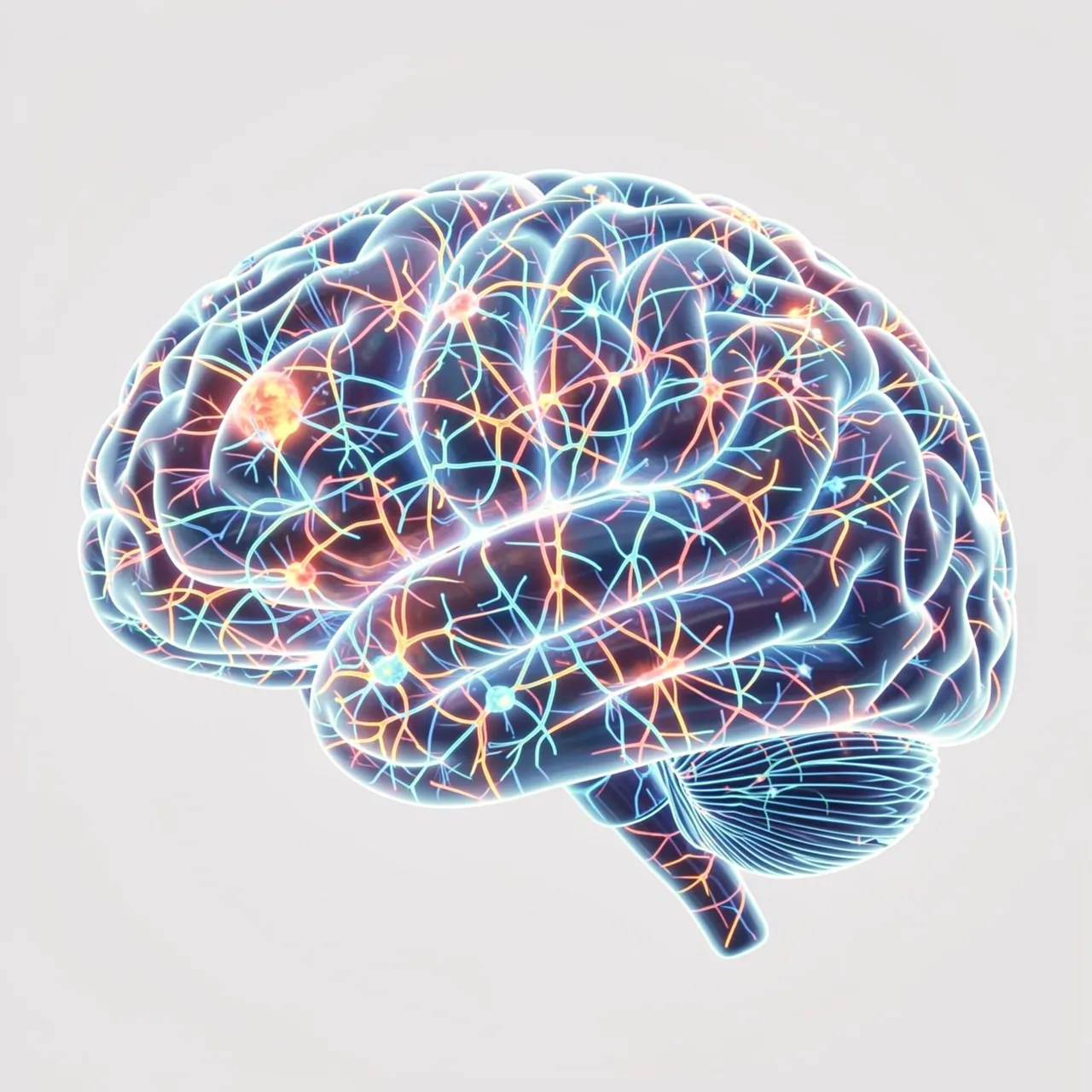 Stylized human brain illustration with glowing active neural connections against a light gray background