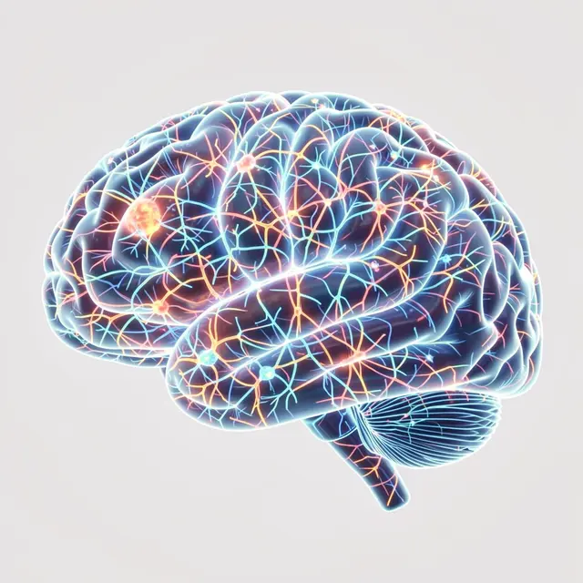 Stylized human brain illustration with glowing active neural connections against a light gray background