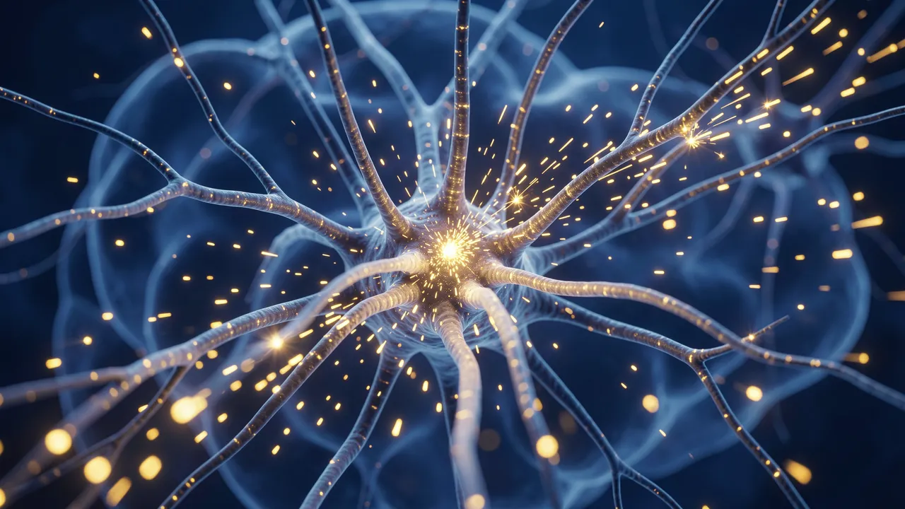 A close-up 3D render of a firing neuron emitting golden sparks in a deep blue hazy environment