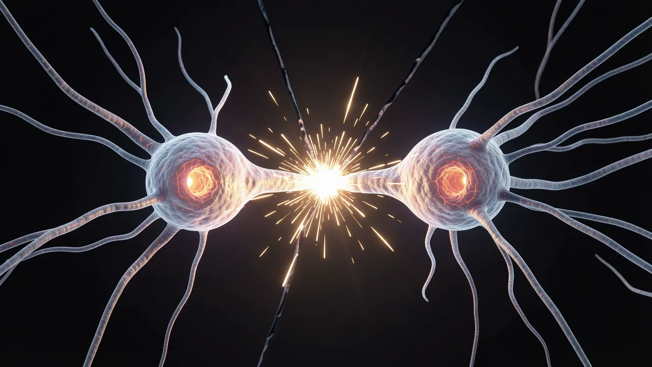 Two glowing neurons connected by a bright electrical spark across a dark background