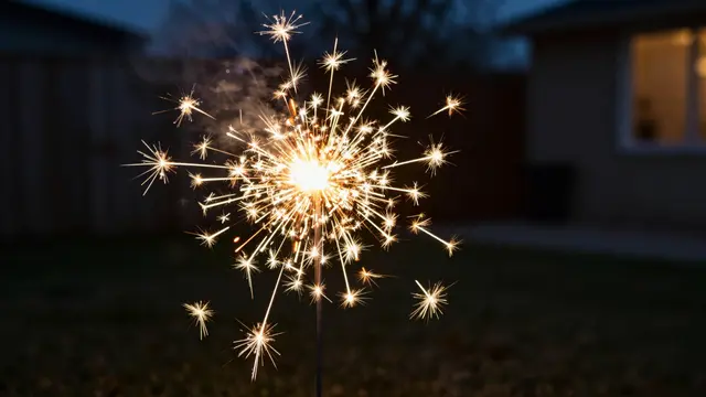 A burning sparkler casts bright golden sparks against a dark residential backyard at night