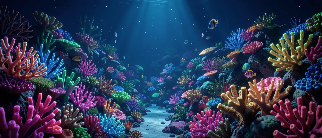 Vibrant glowing coral formations line a sandy underwater path with small fish swimming under sunbeams at night