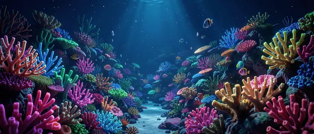 Vibrant glowing coral formations line a sandy underwater path with small fish swimming under sunbeams at night