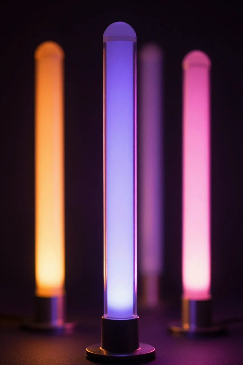 Colored glowing gas discharge tubes stand against a dark out of focus background
