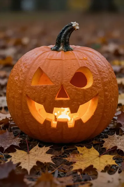 Lit monster-face jack-o'-lantern sits in a pile of fallen autumn leaves at twilight.