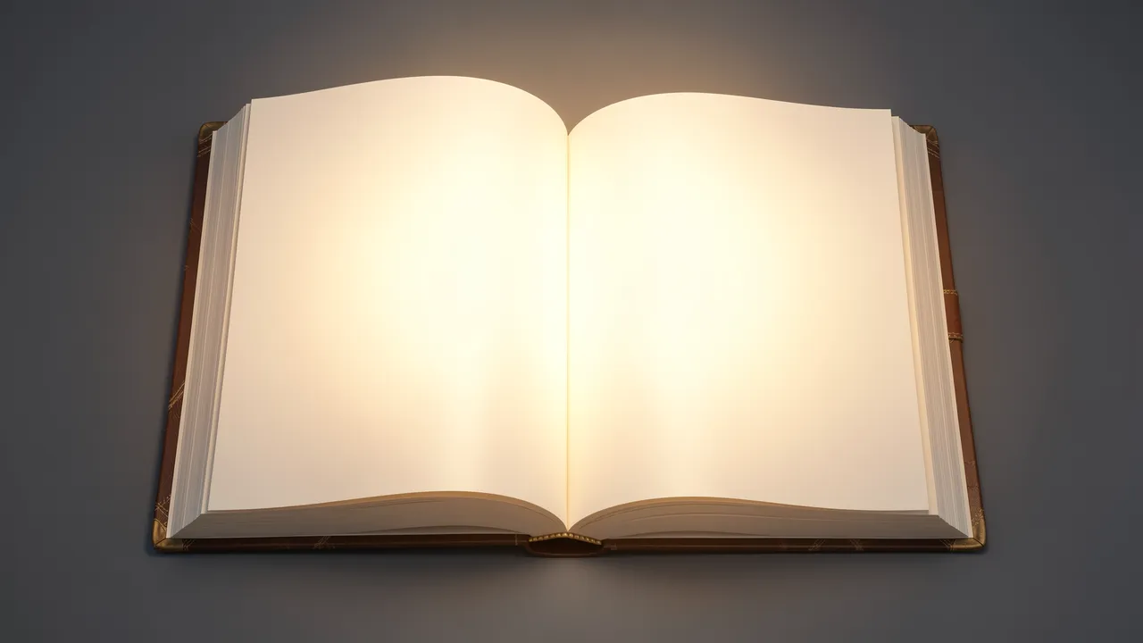 An open hardcover book with glowing blank pages rests on a dark smooth surface