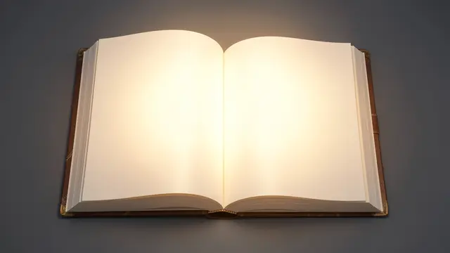 An open hardcover book with glowing blank pages rests on a dark smooth surface