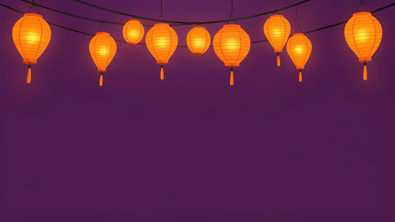 Strung glowing orange paper lanterns hang across the top of a deep plum empty background