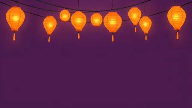 Strung glowing orange paper lanterns hang across the top of a deep plum empty background