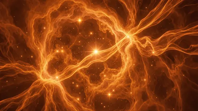 Wispy glowing orange nebula gas streams around bright, glowing stars in deep space