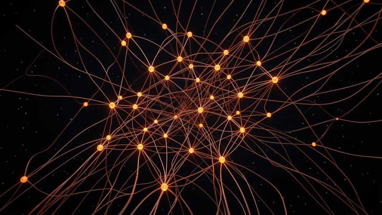 3D render of a network of glowing orange nodes connected by thin threads against a dark starry background