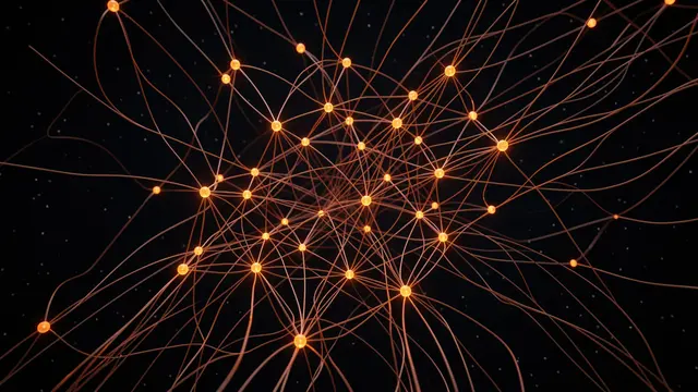 3D render of a network of glowing orange nodes connected by thin threads against a dark starry background