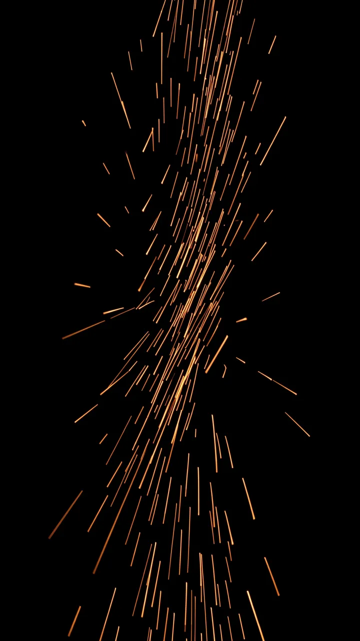 Bright linear orange sparks drift against a solid pure black background
