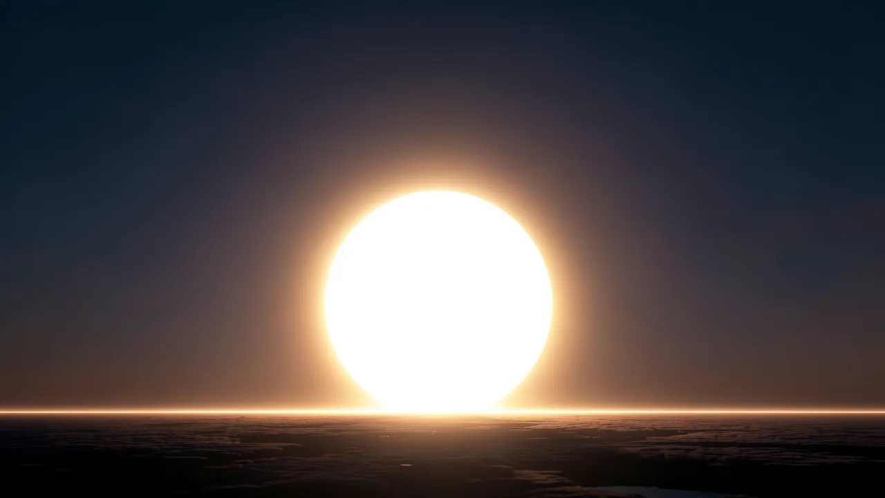 Bright glowing orb rises along a thin horizon line above dark terrain, with empty dark sky space above