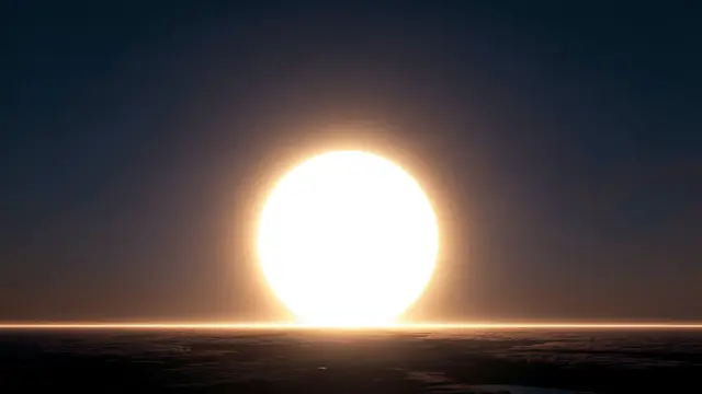 Bright glowing orb rises along a thin horizon line above dark terrain, with empty dark sky space above