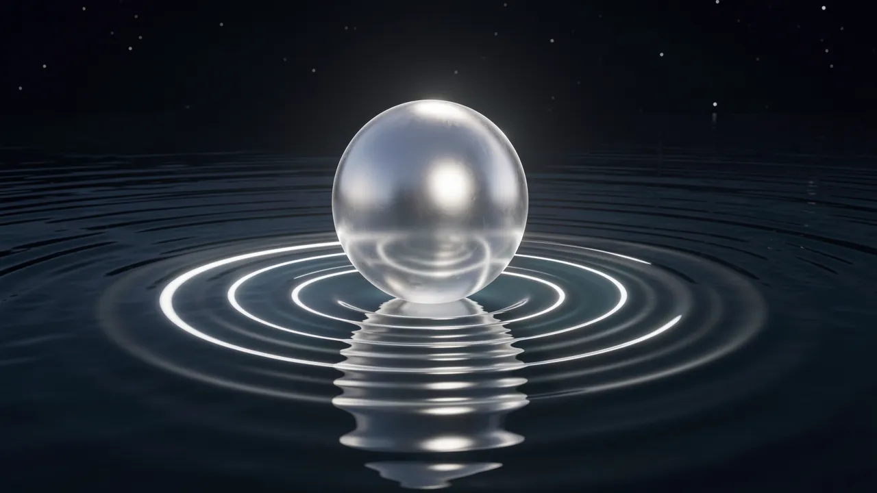 A luminous silver orb hovers above calm dark water, casting glowing concentric ripples under a starry night sky