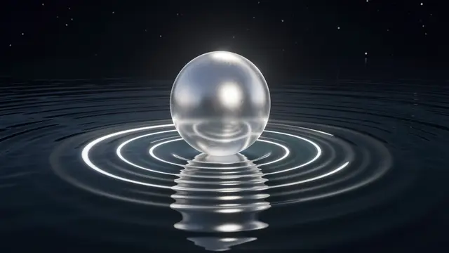 A luminous silver orb hovers above calm dark water, casting glowing concentric ripples under a starry night sky