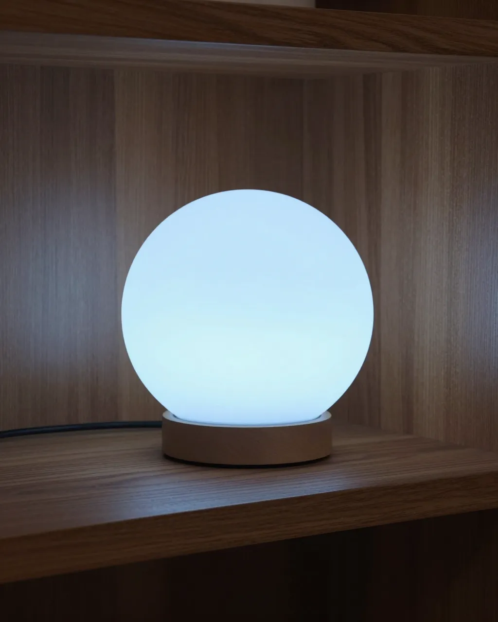 A round glowing pale blue orb lamp sits on a dark walnut wooden shelf