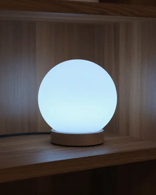 A round glowing pale blue orb lamp sits on a dark walnut wooden shelf
