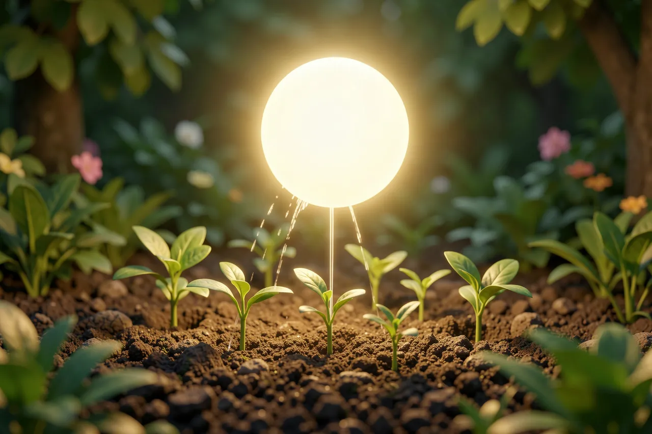 A floating glowing light sphere gently streams water onto small green seedlings in a garden bed