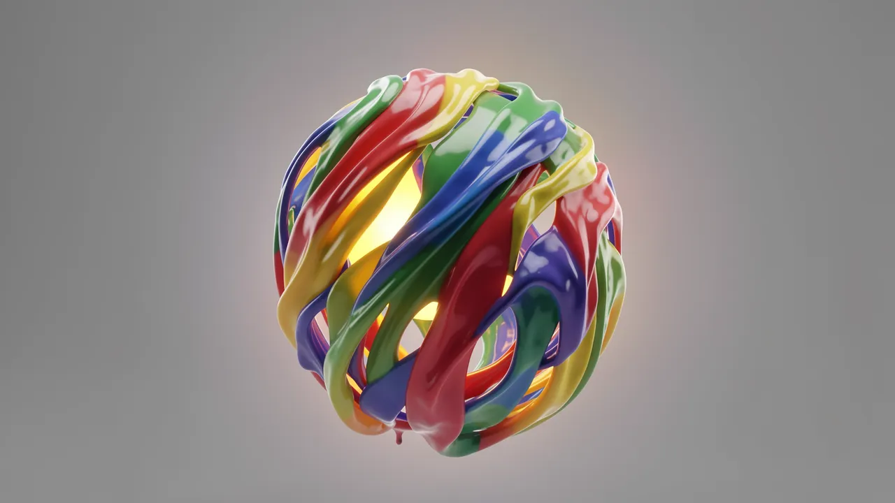 Glossy swirling paint ribbons wrap around a glowing warm orb against a plain gray background