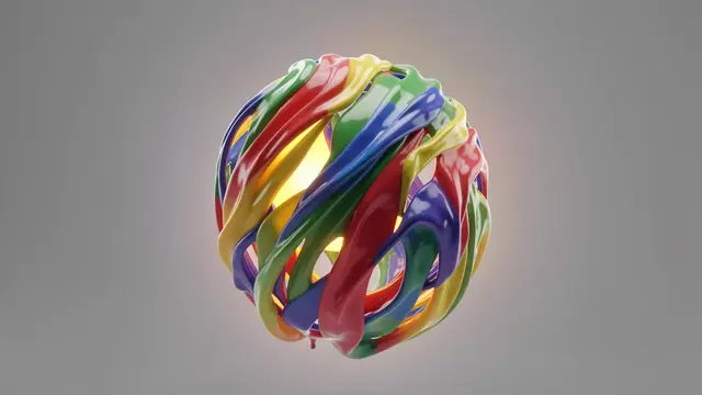 Glossy swirling paint ribbons wrap around a glowing warm orb against a plain gray background