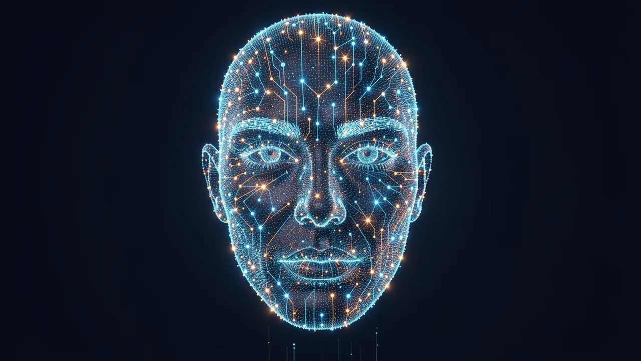 Wireframe abstract human face made of glowing circuit particles floats against a dark background