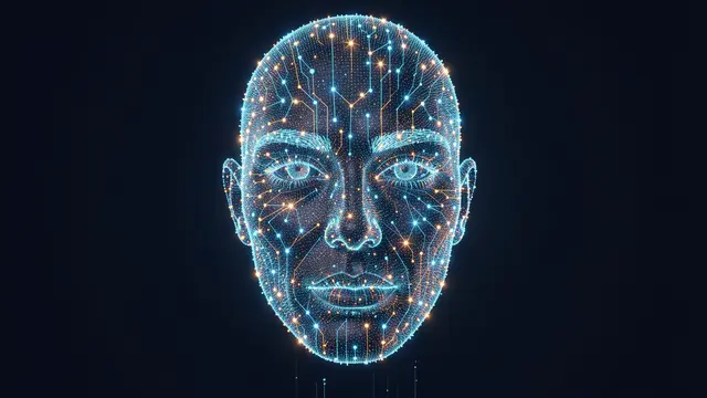 Wireframe abstract human face made of glowing circuit particles floats against a dark background