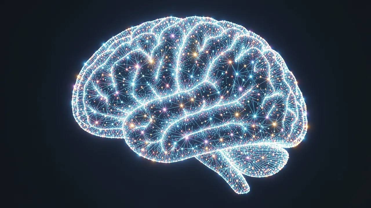 A 3D wireframe brain constructed from glowing interconnected light particles against a dark background