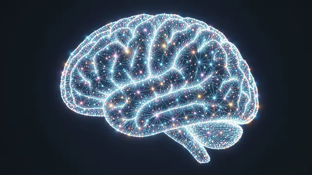 A 3D wireframe brain constructed from glowing interconnected light particles against a dark background